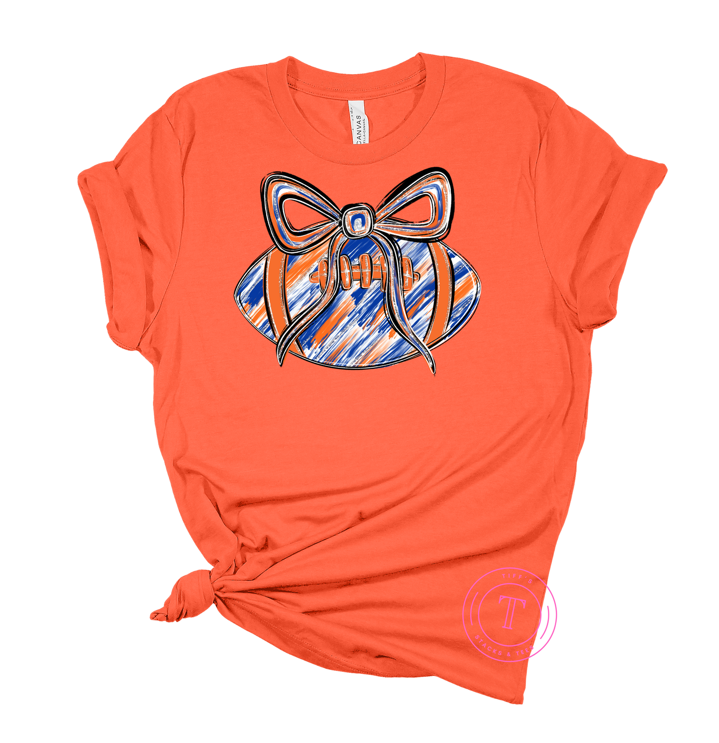 Football w/ Coquette Bow - Orange & Royal Blue Brushstroke Youth