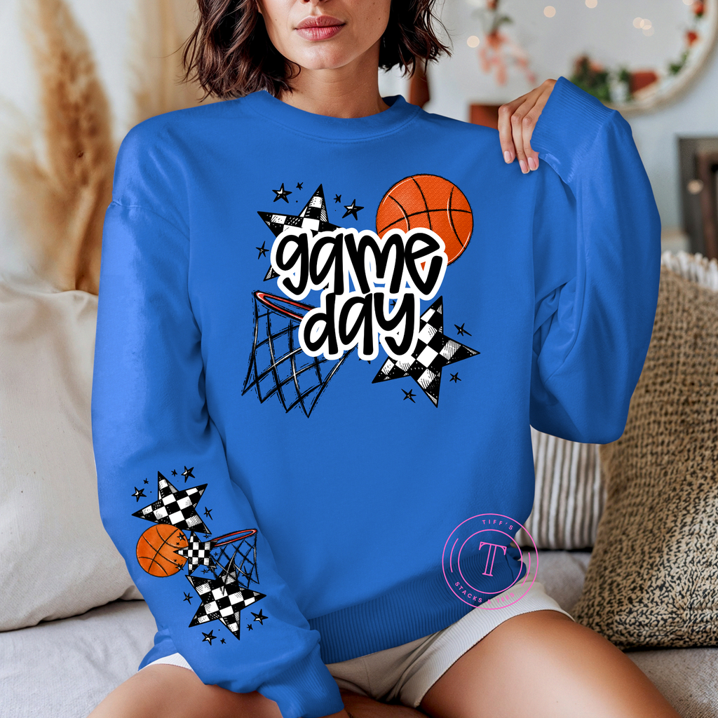 Basketball Game Day w/ Checkered Stars & Sleeve Print