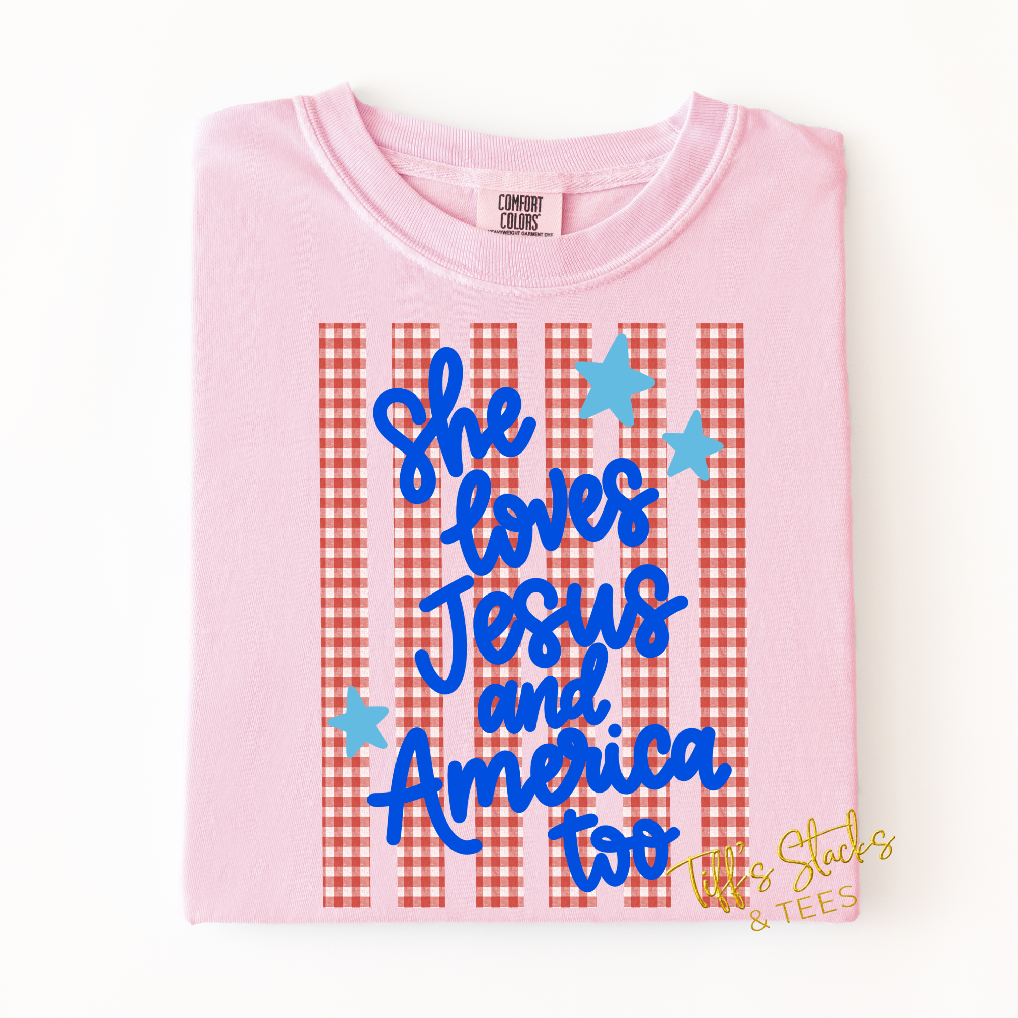 She Loves Jesus & America Too Red Gingham Stripes Youth
