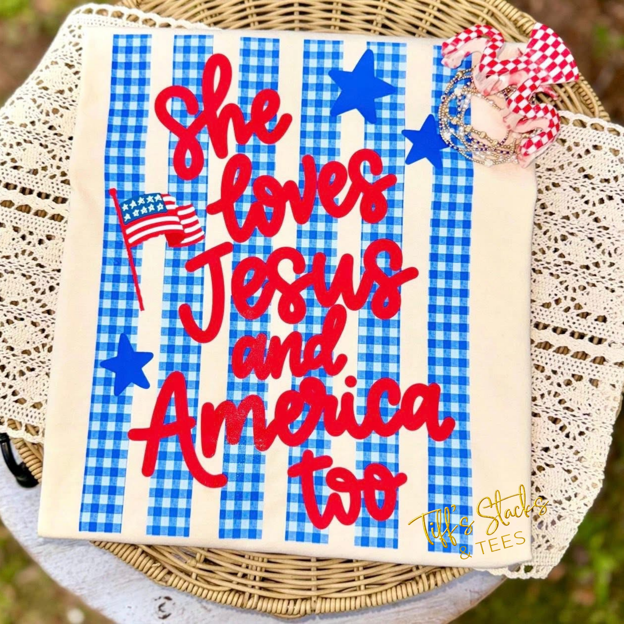 She Loves Jesus & America Too Blue Gingham Stripes Youth