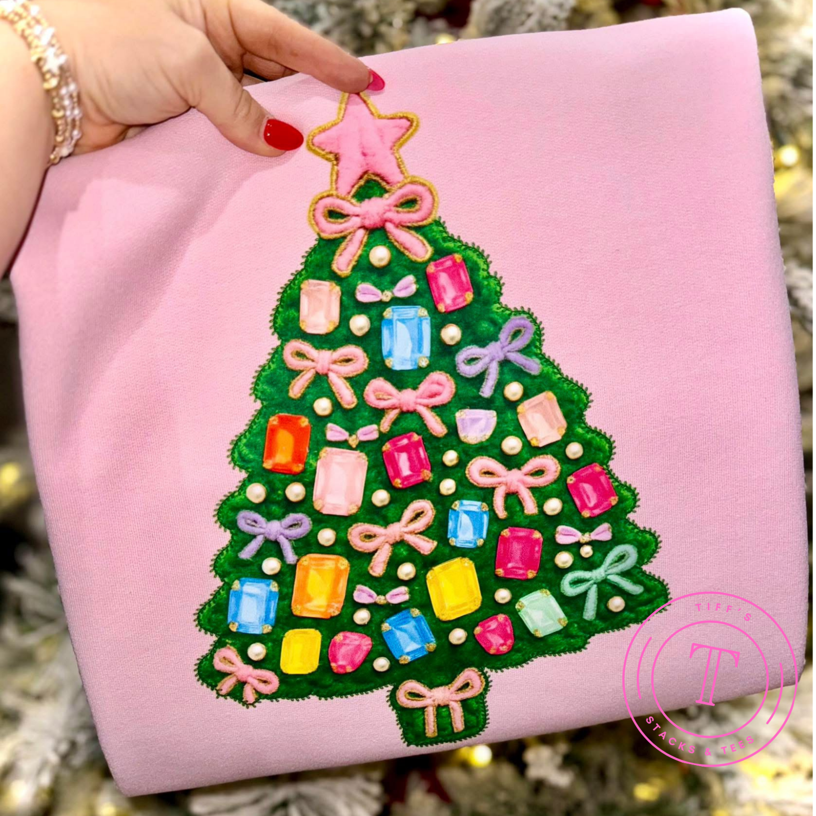 Christmas Tree w/ Rhinestones & Coquette Bows Faux Yarn Youth