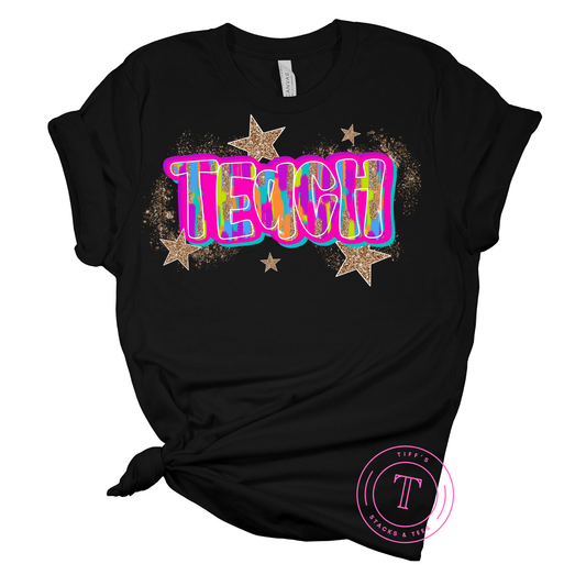 Teach Neon Brushstroke w/ Gold Stars
