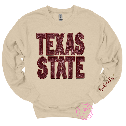 Texas State Faux Glitter w/ Bobcats on Sleeve