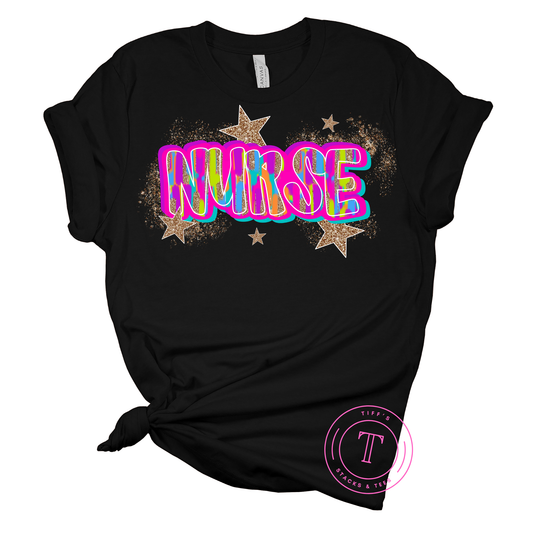 Nurse Neon Brushstroke w/ Gold Stars