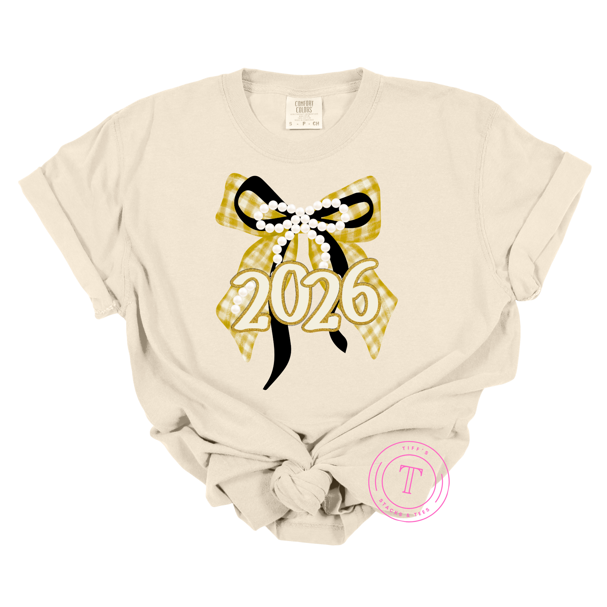 Happy New Year 2026 Gold Checkered Coquette Bow