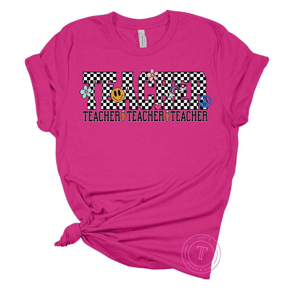 Teacher Black & White Checkered w/ Smiley Faces