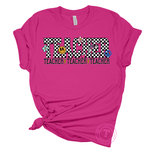 Teacher Black & White Checkered w/ Smiley Faces