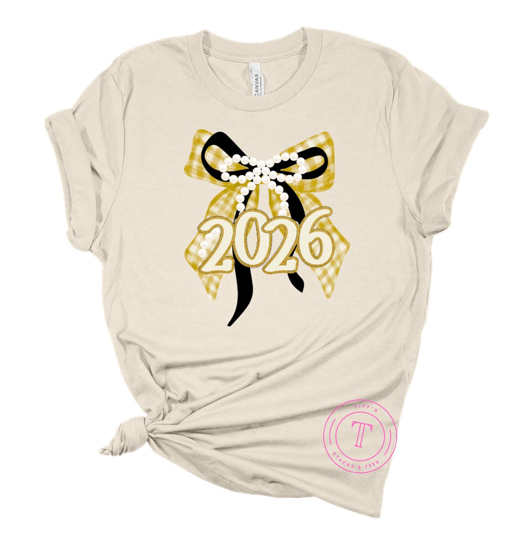 Happy New Year 2026 Gold Checkered Coquette Bow Youth