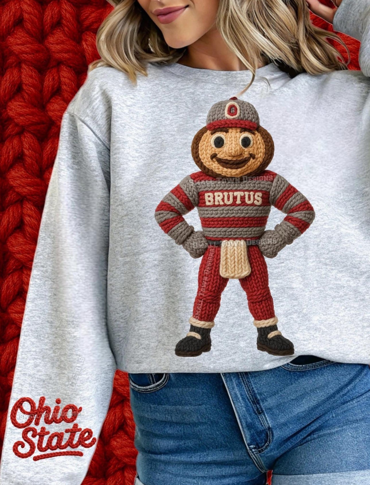 OSU Brutus w/ Ohio State on Sleeve Faux Yarn