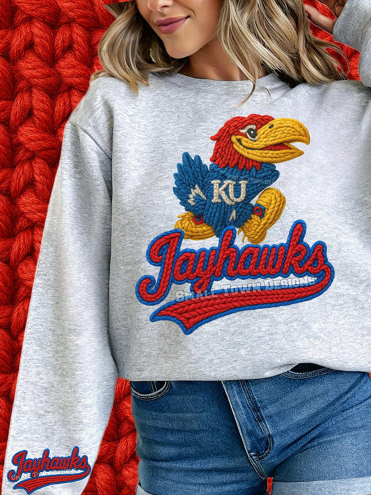 KU w/ Jayhawks on Sleeve Faux Yarn
