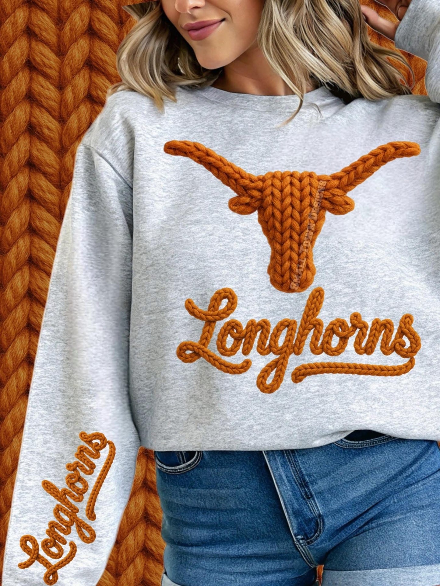 UT w/ Longhorns on Sleeve Faux Yarn