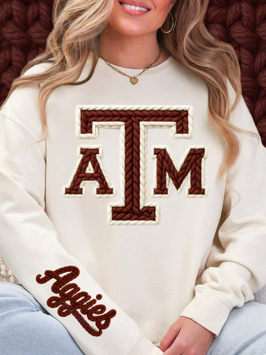 A&M w/ Aggies on Sleeve Faux Yarn