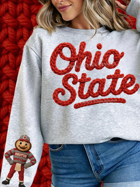 OSU w/ Brutus on the Sleeve Faux Yarn